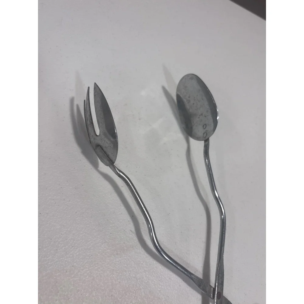 Vintage Serving Set Wood Handle Tongs Scissor Tongs and Silver Tone Ladle 3pc